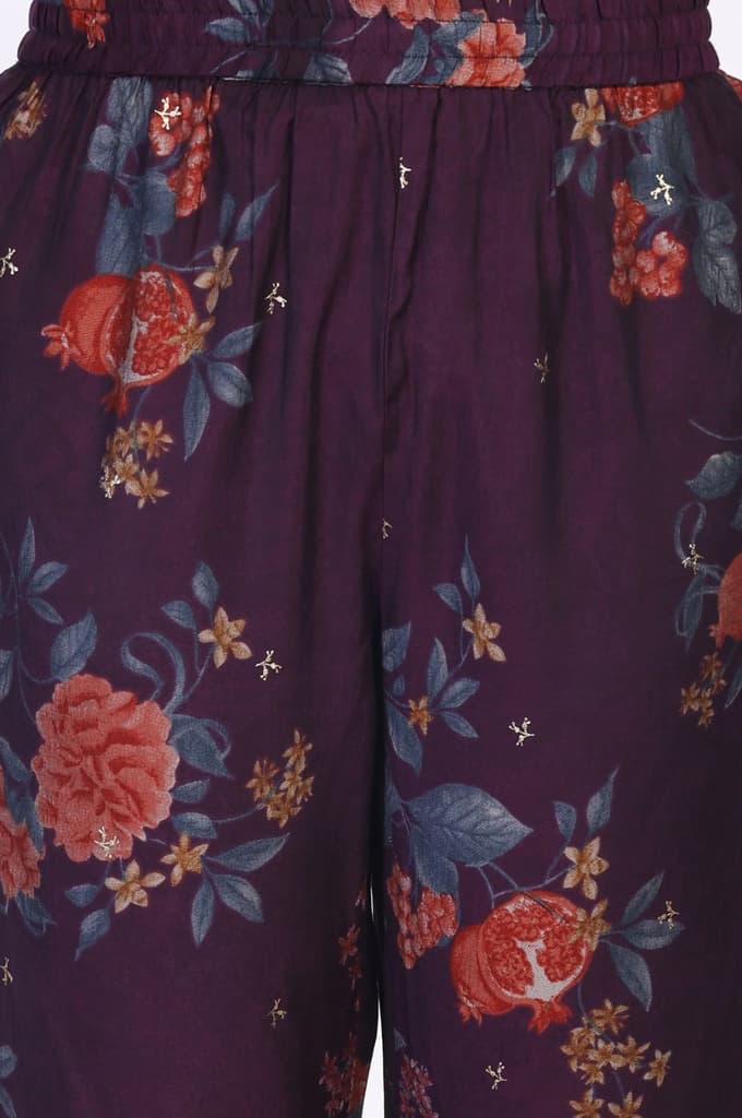 Purple Floral Printed A-line Rayon Kurta with Pant Set — photo 7