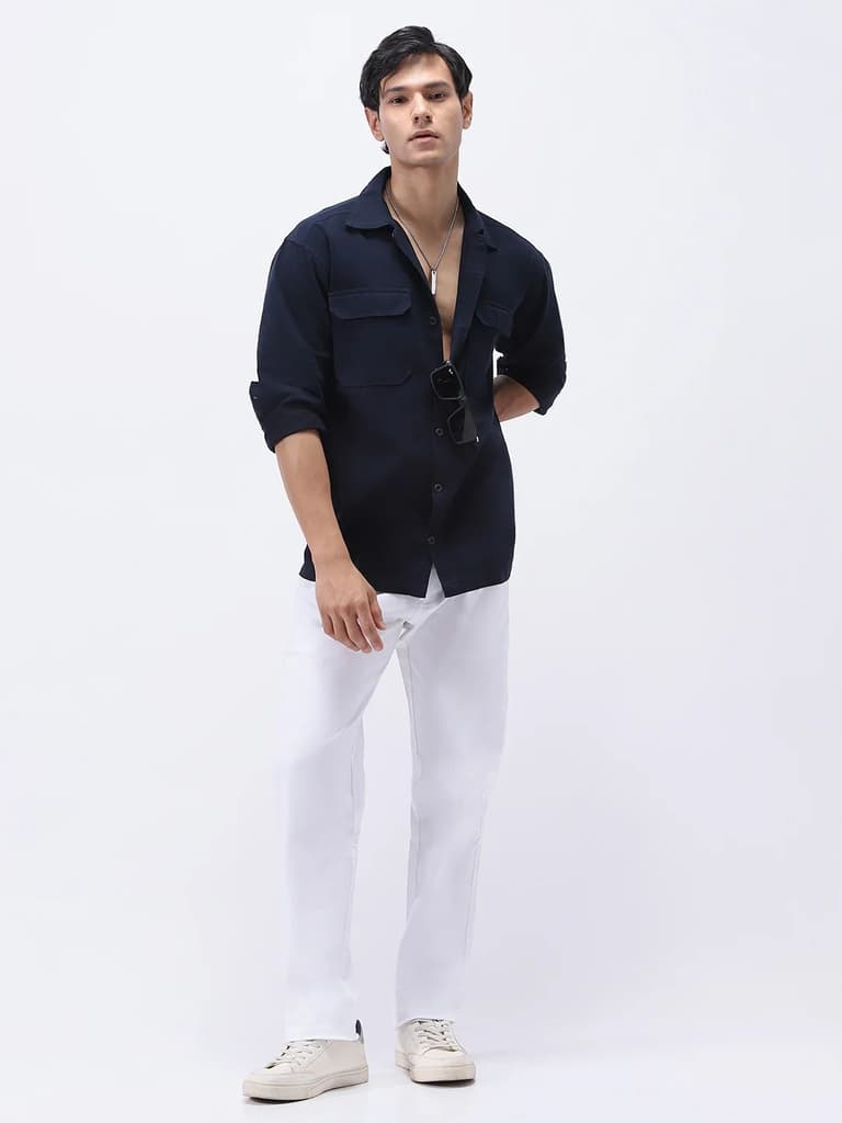 Men's Navy Cotton Full Sleeve Relaxed Fit Shacket with Utility Pockets — photo 4