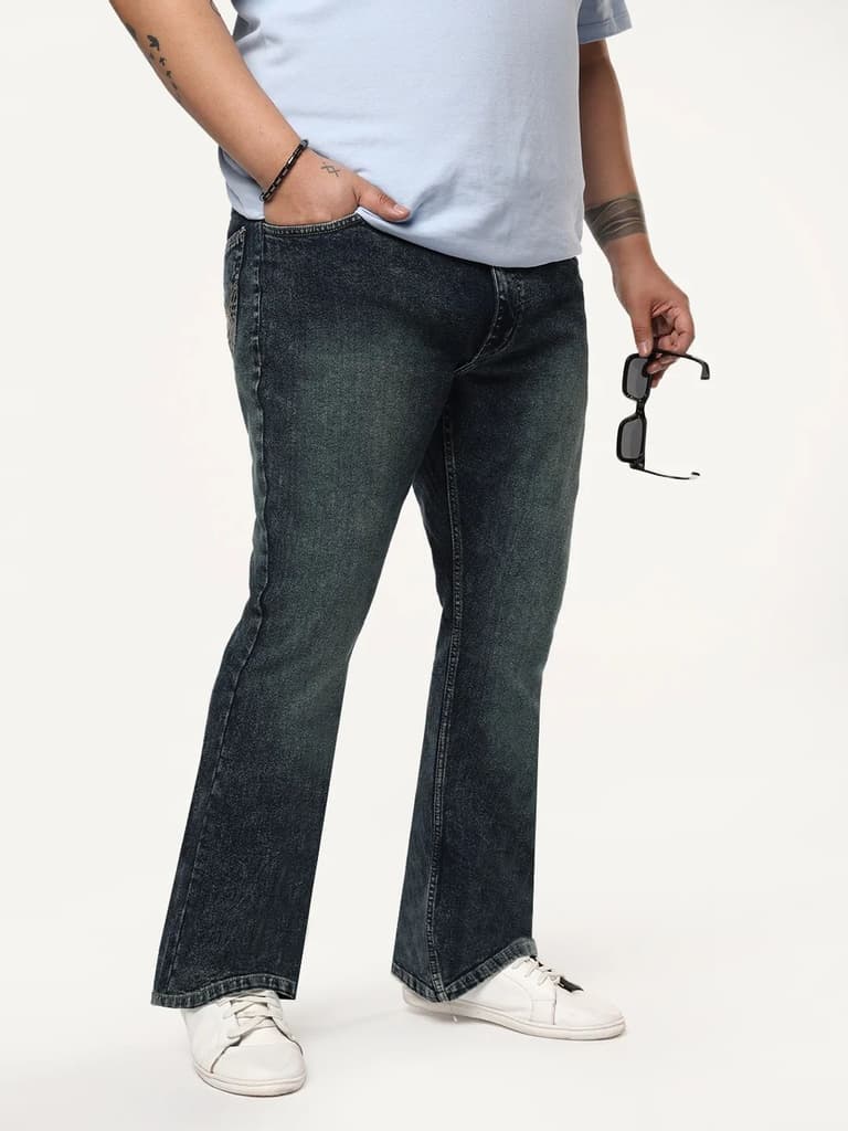 Plus Men's Dark Blue Bootcut Fit Mid Rise Tinted Heavy Washed Jeans Stretchable — photo 2
