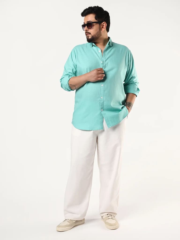 Plus Men's Light Teal Linen Blend Full Sleeve Relaxed Fit Casual Solid Shirt — photo 4