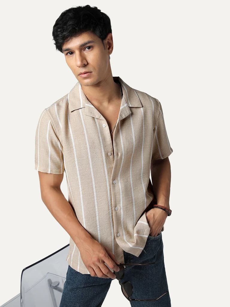 Men's Beige Cotton Half Sleeve Relaxed Fit Linen Striped Shirt with Cuban Collar — photo 2