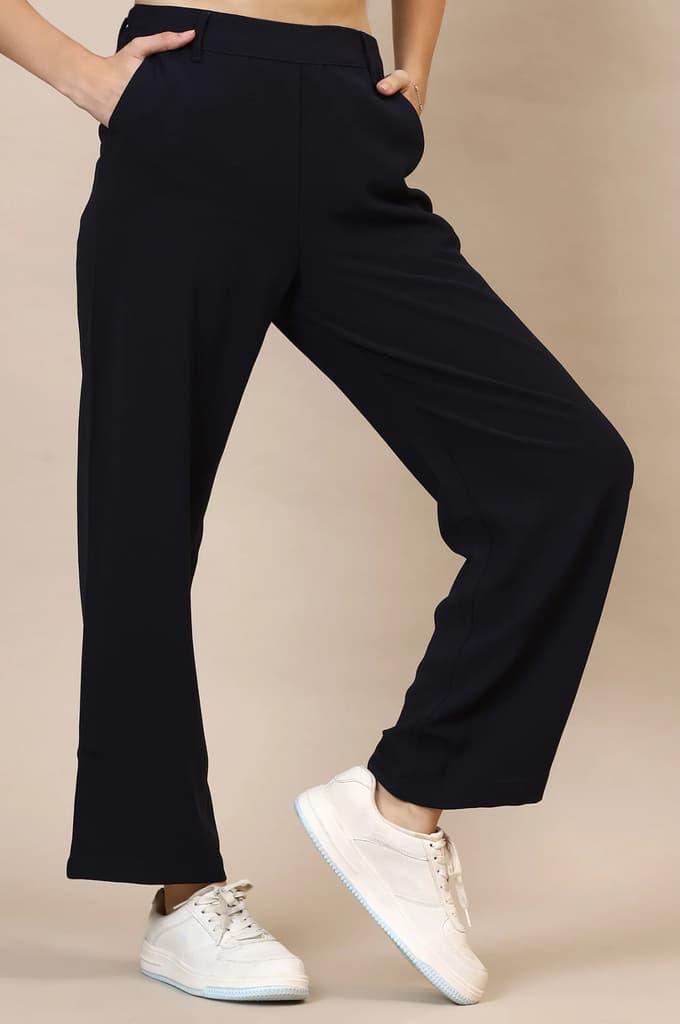 Navy Blue Solid Straight Western Wear Palazzo Pants — photo 5
