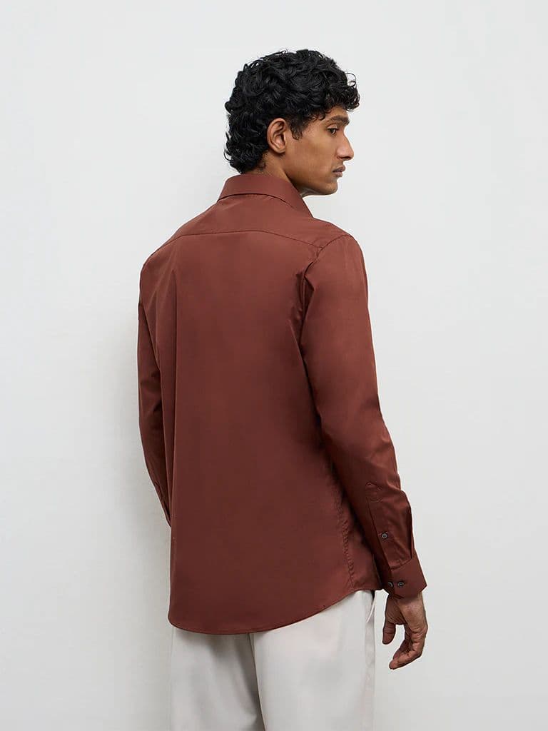 WES Formals Brown Ultra Slim-Fit Cotton-Blend Shirt — photo 4