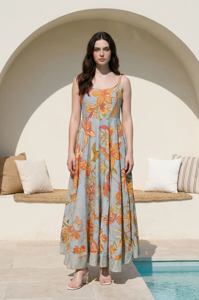 Blue Embroidered Cotton Blend Flared Dress and Gillet Set — photo 2