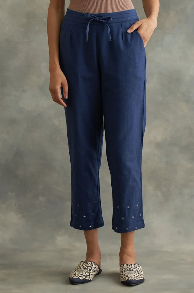 Indigo Solid Straight Pants — S