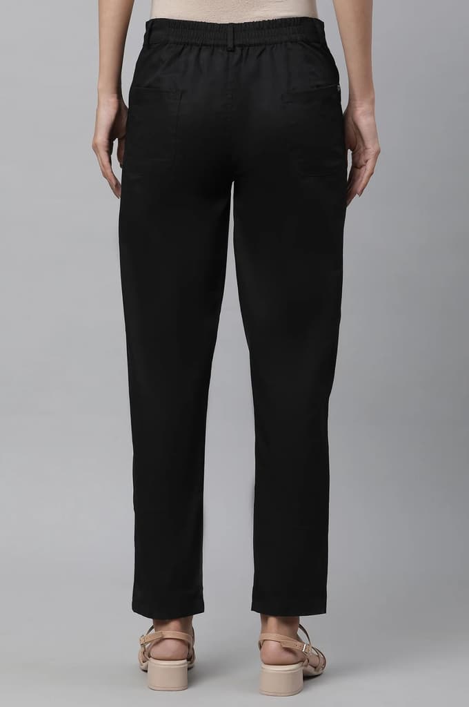 Black Solid Straight Fit Cotton Pants With Elasticated Back — photo 3