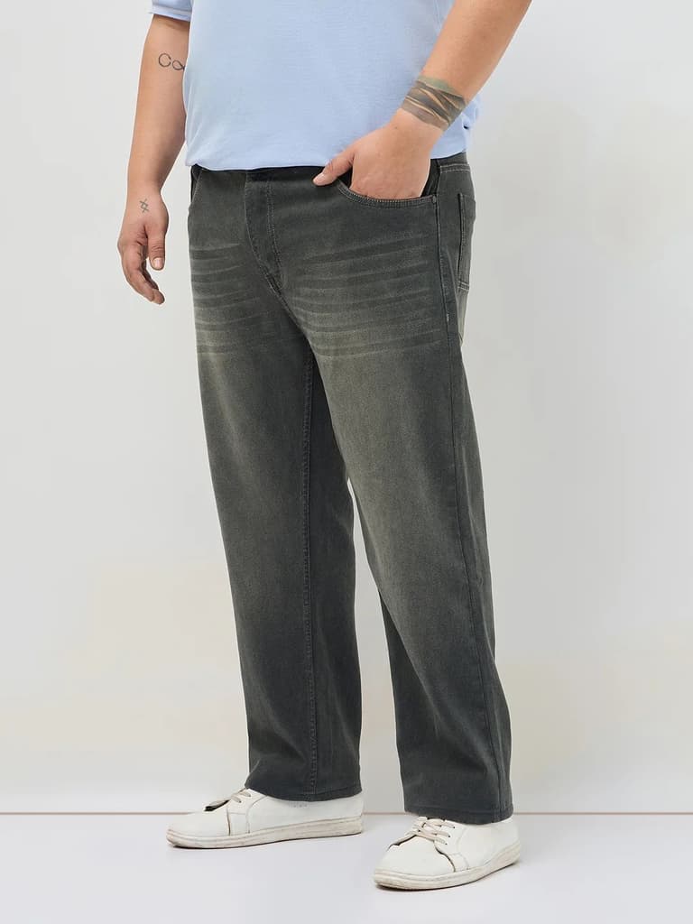 Plus Men's Dark Grey Regular Fit Whisker Washed Yellow Tint Denim Jeans Stretchable — photo 2