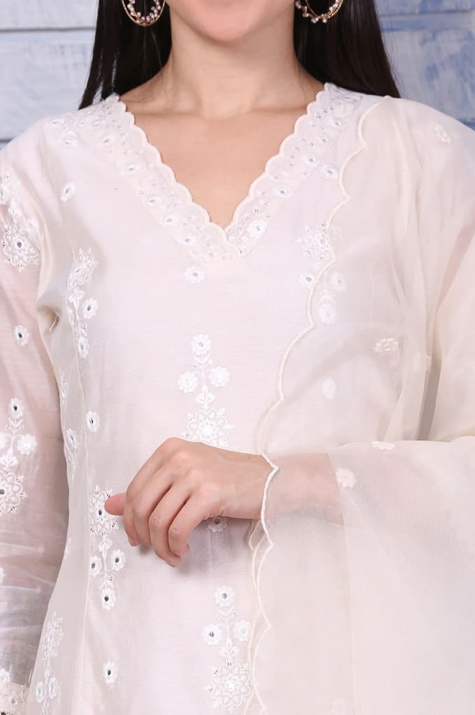 Cream Mirror Work Embroidered Chanderi Flared Kurta, Pants and Dupatta Set — photo 3
