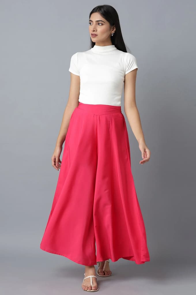Pink Solid Flared Cotton Palazzo With Side Pockets — photo 5