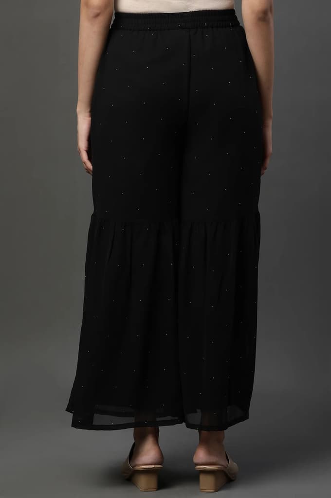 Black Polka Dots Printed Flared Georgette Sharara With Elasticated Waist — photo 4