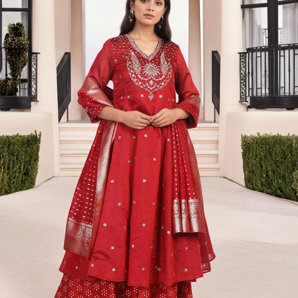 Red Embellished Flared Kurta with Sharara and Dupatta Set