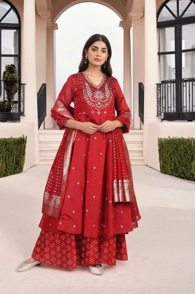 Red Embellished Flared Kurta with Sharara and Dupatta Set — XS