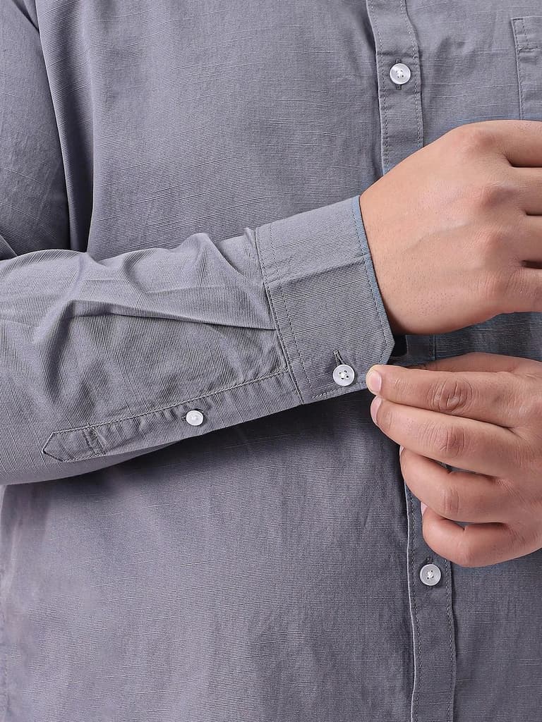 Plus Men's Grey Cotton Full Sleeve Regular Fit Casual Solid Slub Shirt with Spread Collar — photo 6