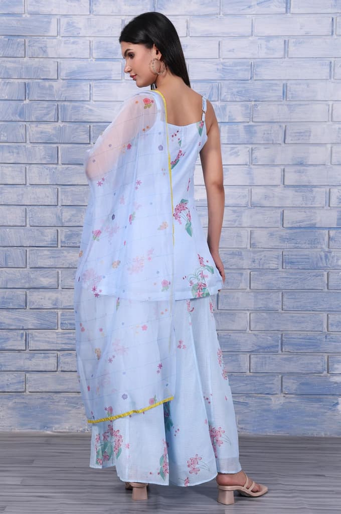 Blue Floral Printed Thread Embroidered Kota Flared Kurta, Flared Pant And Dupatta Set — photo 5
