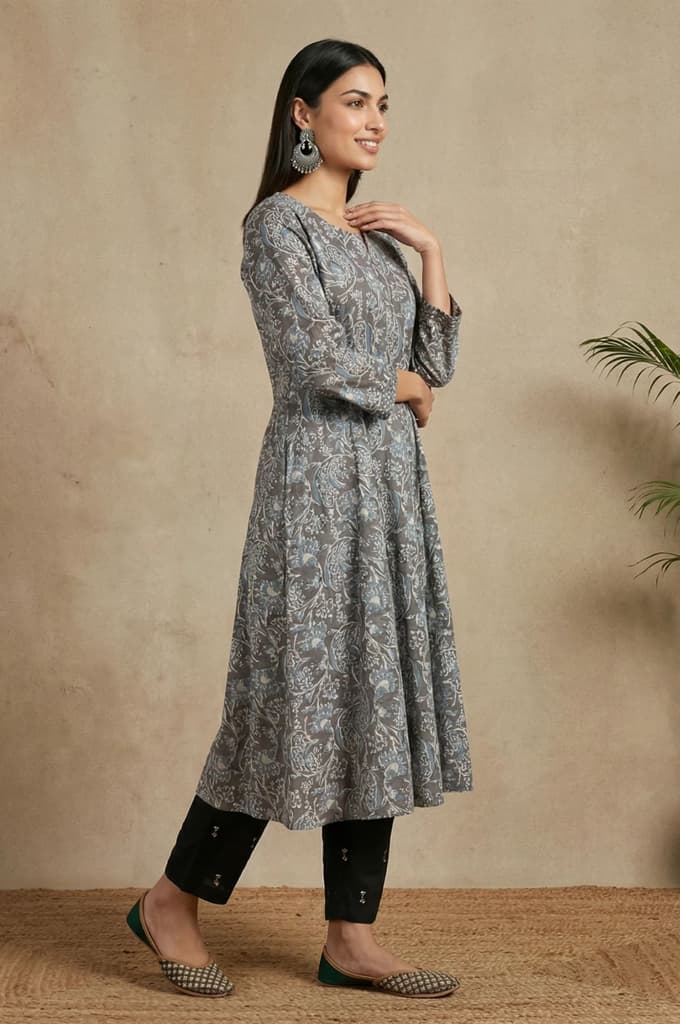 Grey Beadwork Block Printed Rayon Flared Kurta — photo 6