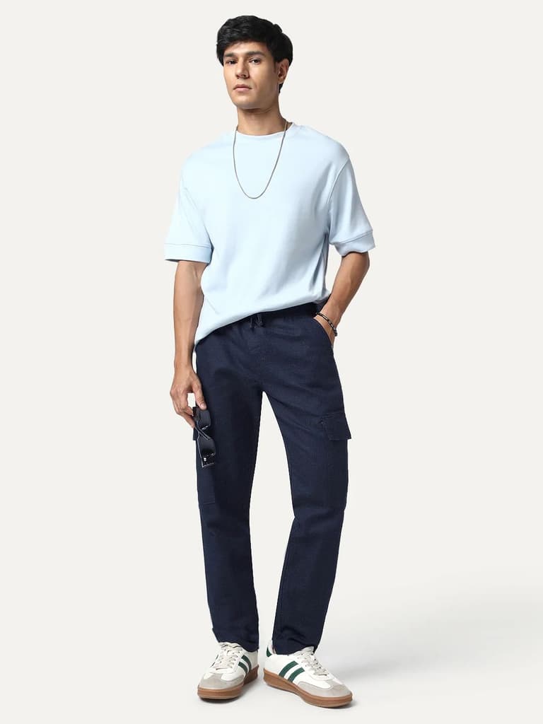 Men's Navy Straight Fit Linen Cargo Pants with 6 Pockets — photo 4