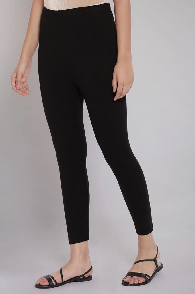 Black Solid Skinny Fit Cotton Tights With Elasticated Waistband — photo 3