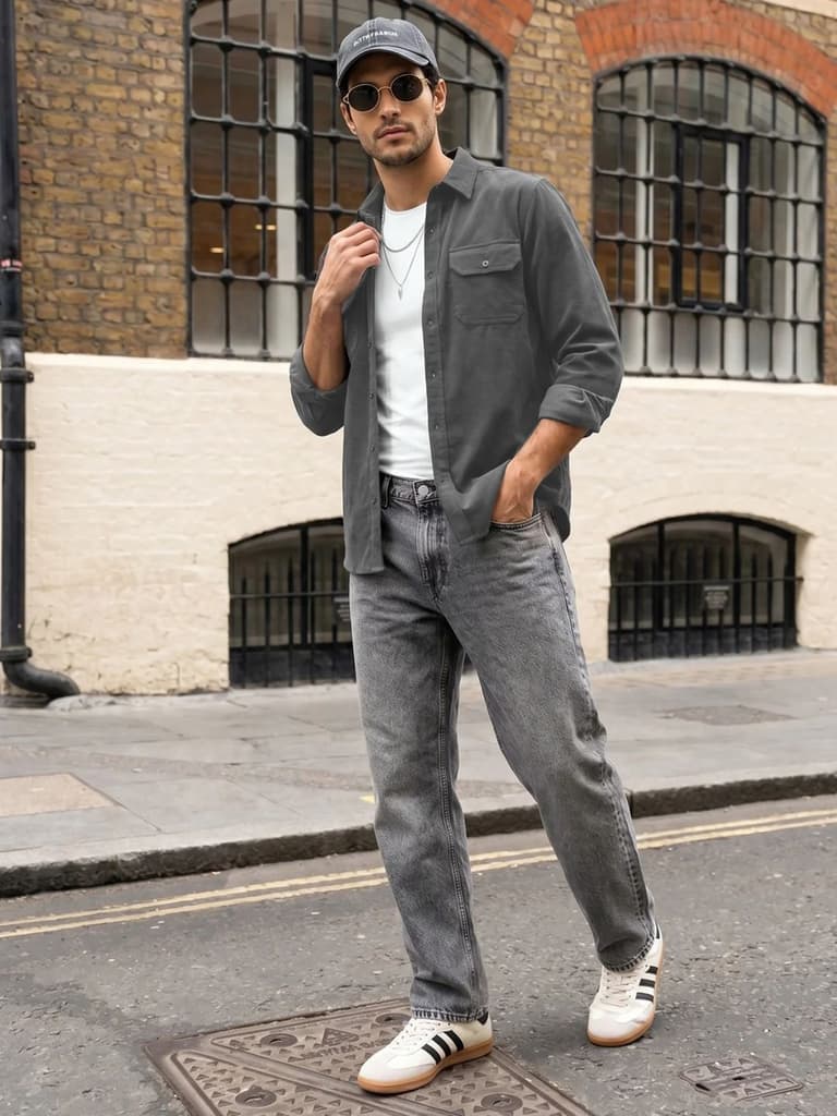 Men's Grey Corduroy Full Sleeve Regular Fit Solid Overshirt with Utility Pockets — photo 4