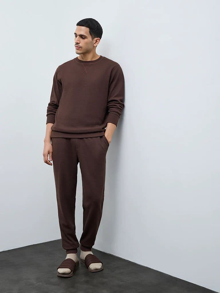 WES Lounge Brown Waffle-Textured Regular-Fit Cotton T-Shirt — photo 3