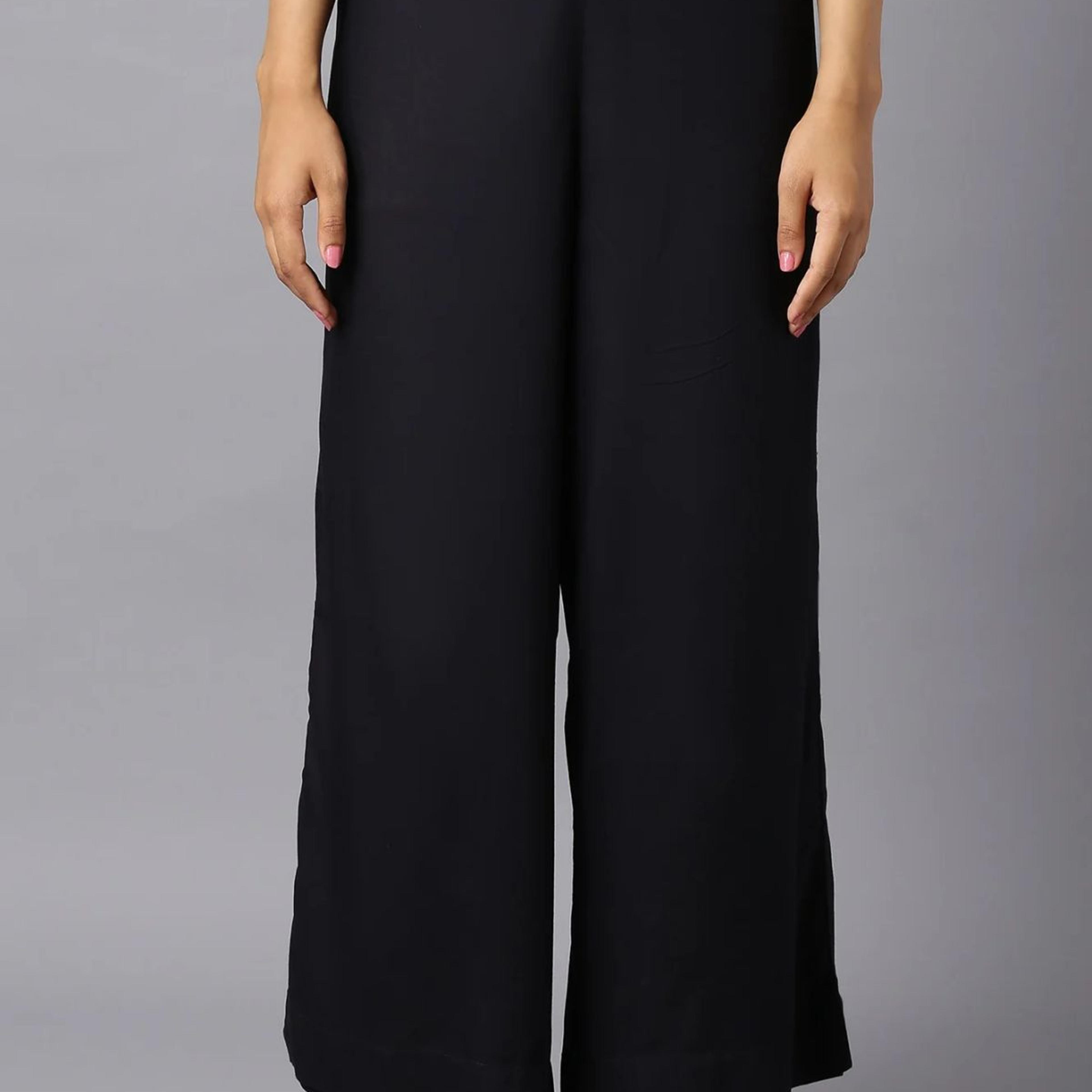 Black Solid Wide Leg Woven Palazzo With Elasticated Waistband