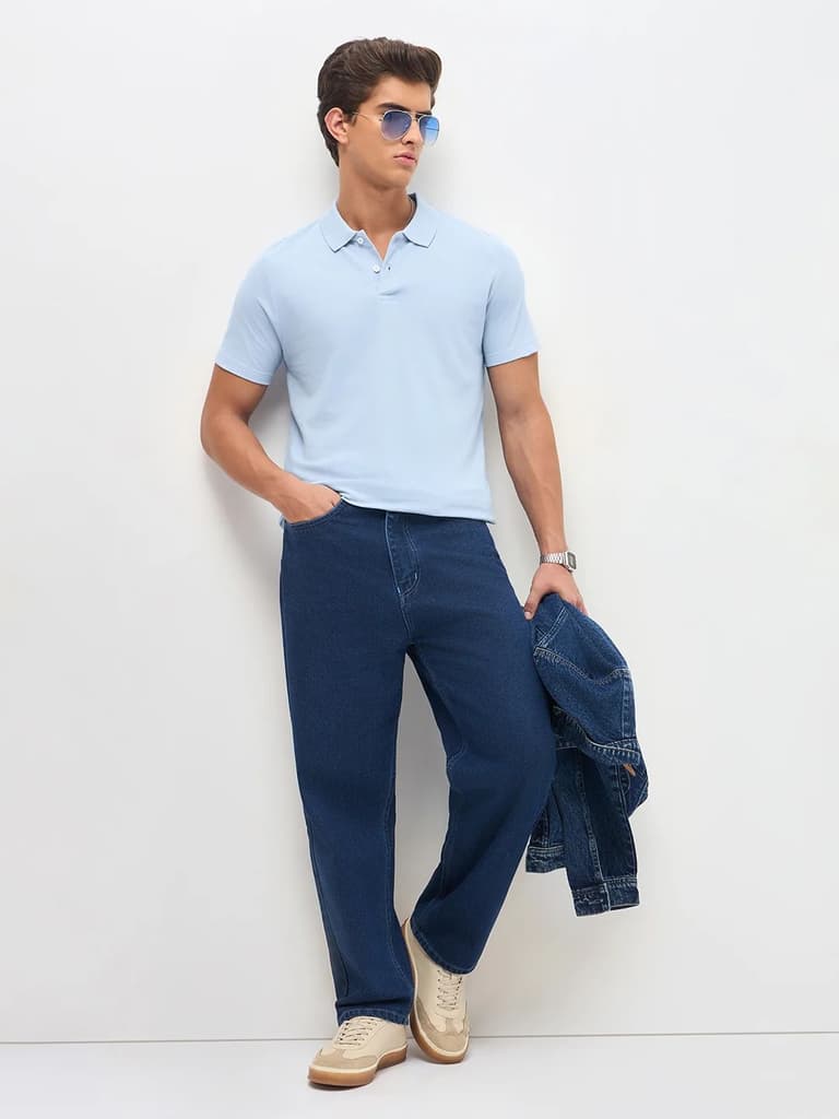 Men's Light Sky Blue Solid Regular Fit Half Sleeve Cotton Polo T-Shirt — photo 5