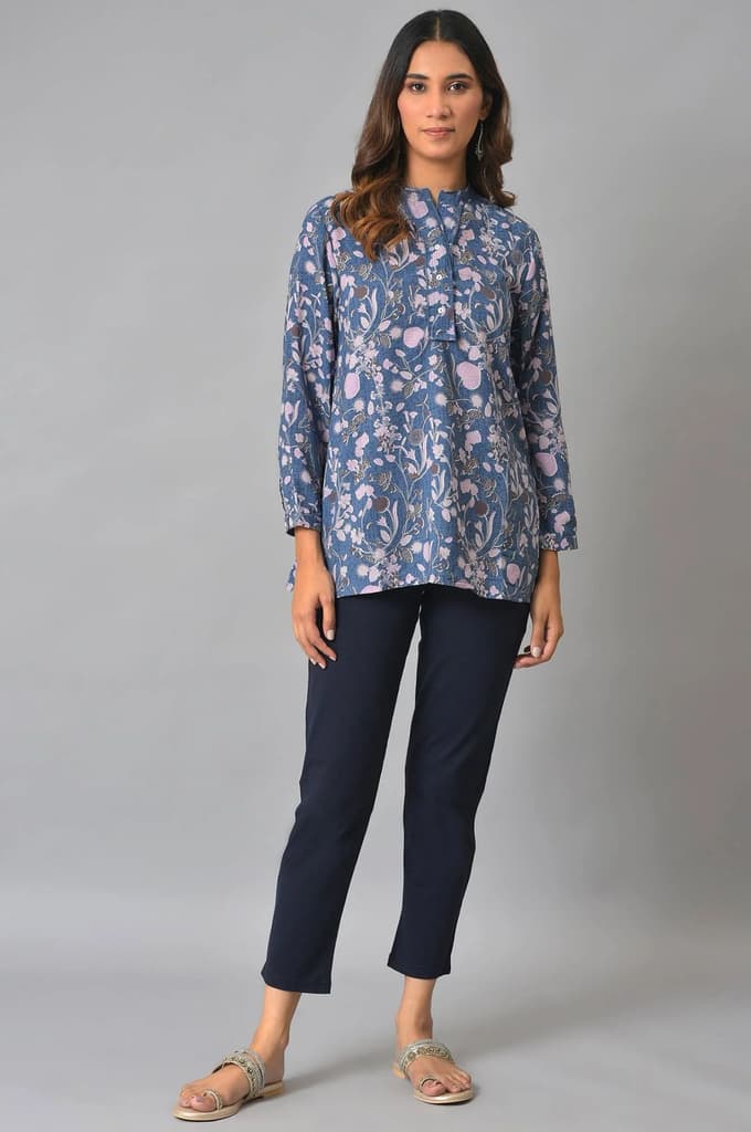 Navy Blue Solid Flared Cotton Pants With Elasticated Waist — photo 5