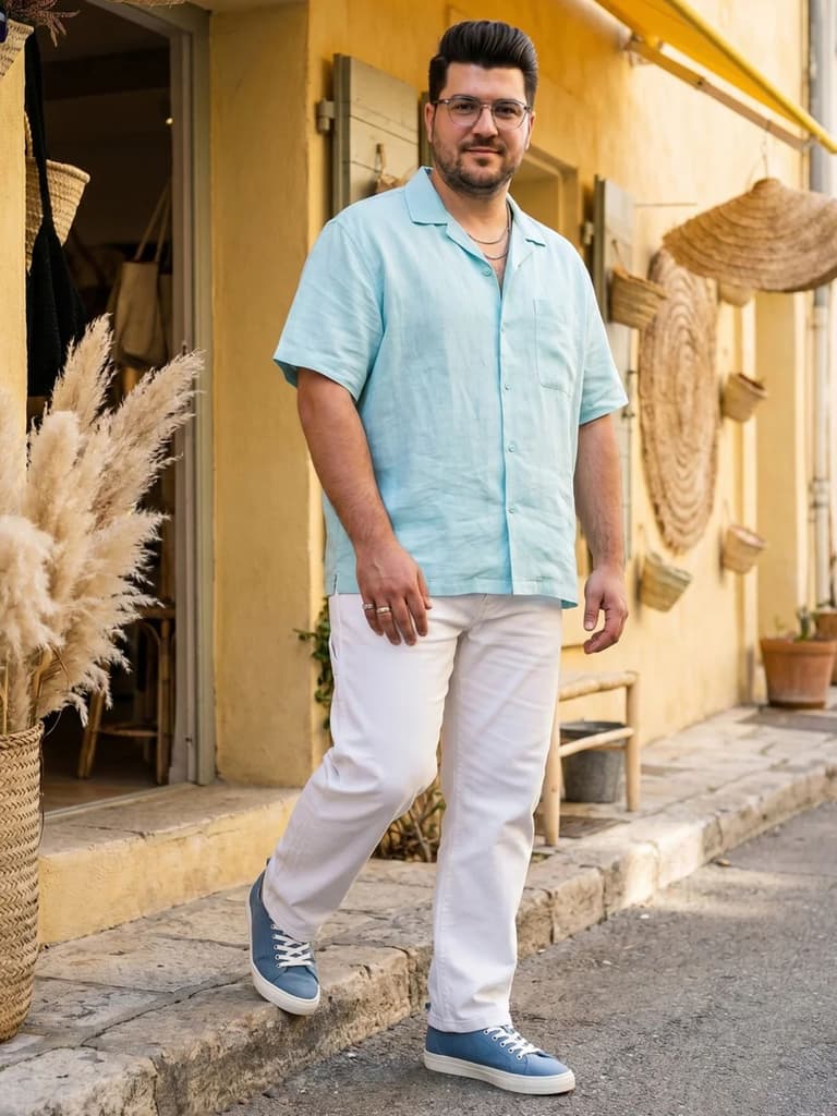 Plus Men's Sky Blue Linen Half Sleeve Oversized Fit Shirt with Cuban Collar — photo 4