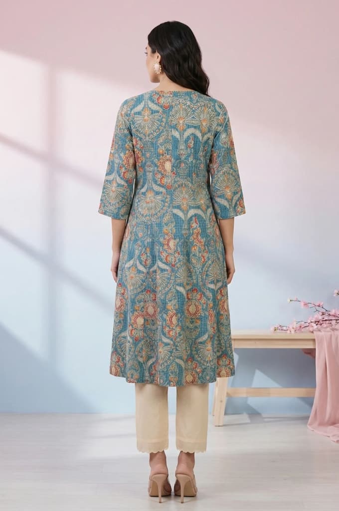 Teal Floral Printed Pure Cotton A-line Kurta — photo 4