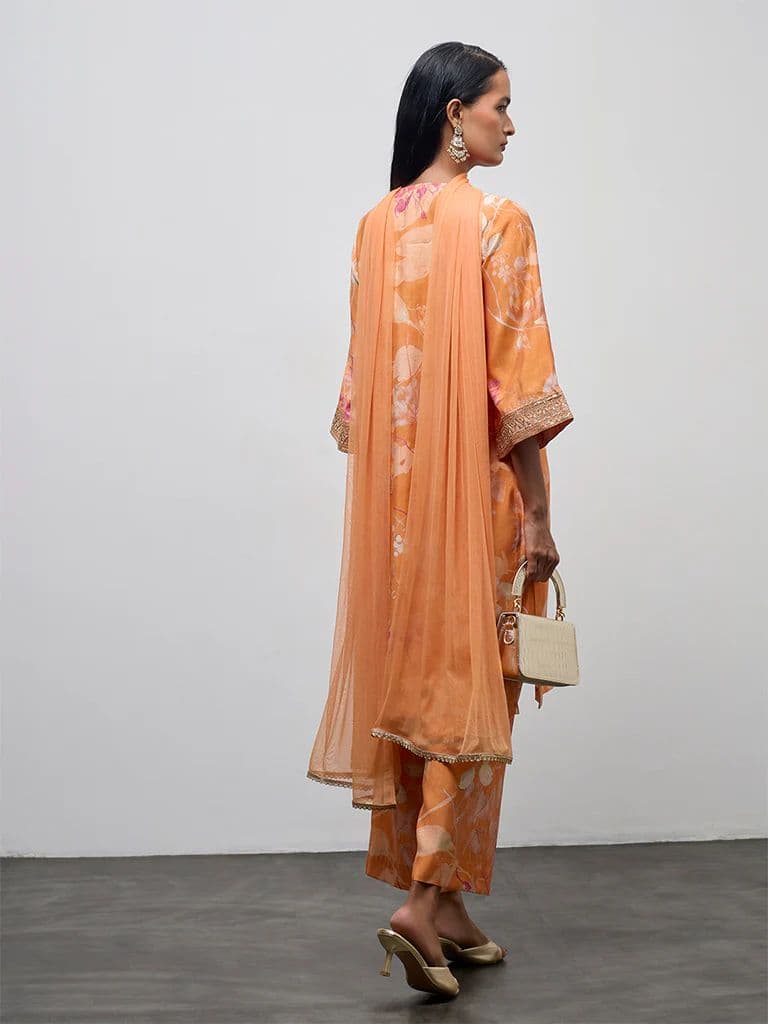 Vark Light Orange Floral Printed A-Line Ethnic Set — photo 4