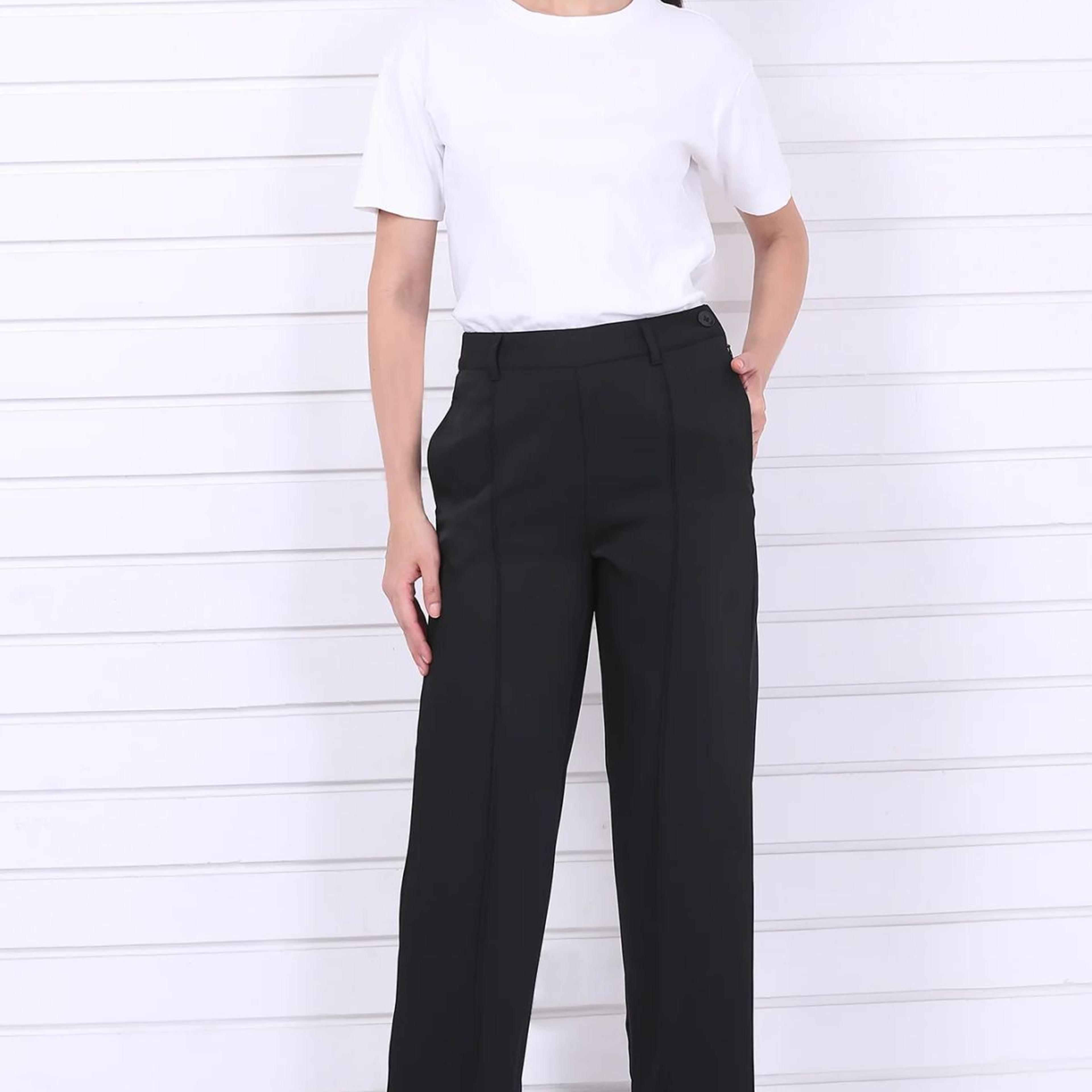 Black Solid Straight Parallel Pants with YKK Zipper