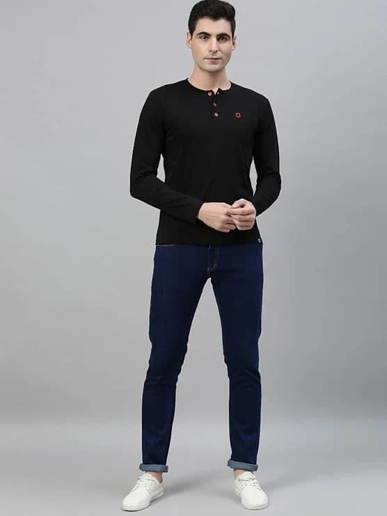 Men's Black Solid Henley Neck Slim Fit Cotton T-Shirt — photo 4