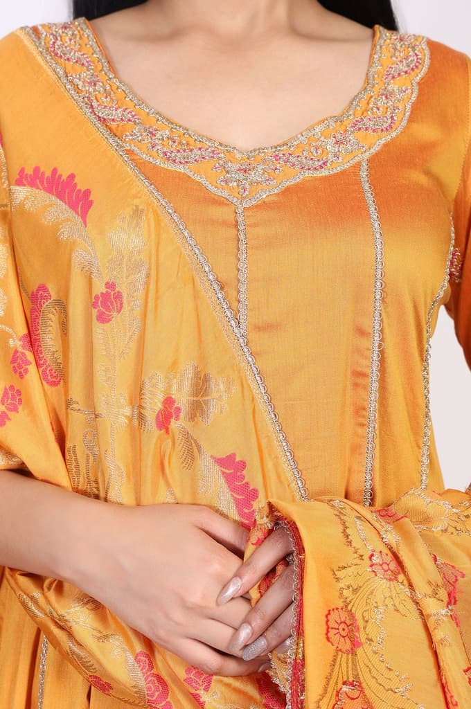 Yellow Embroidered Anarkali Jacquard Kurta with Straight Pant and Dupatta Set — photo 3