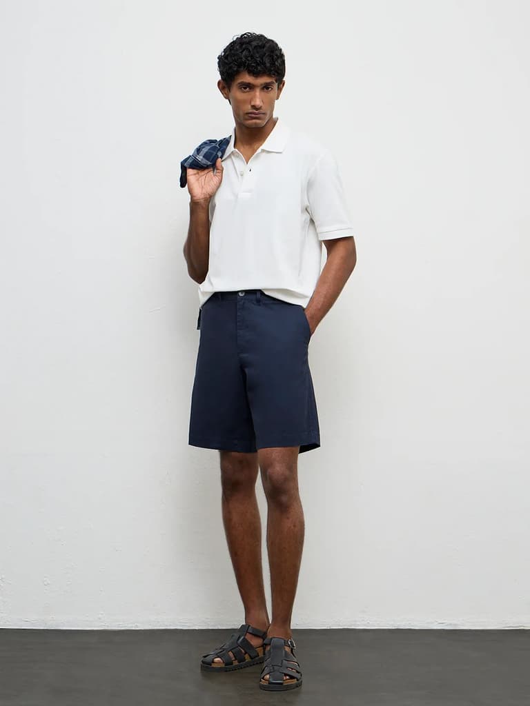 WES Casuals Navy Relaxed-Fit Mid-Rise Cotton-Blend Shorts