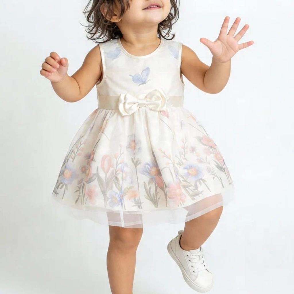 HOP Baby Girls Ivory Floral Printed Fit and Flare Dress