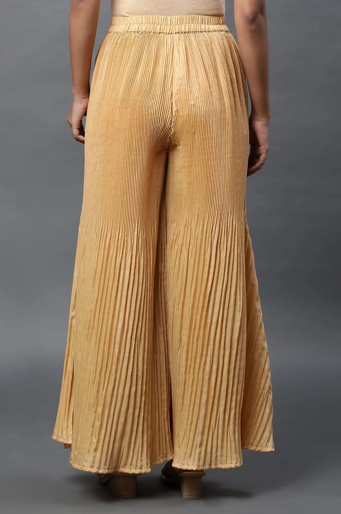 Gold Solid Flared Silk Palazzo With Pleats — photo 3