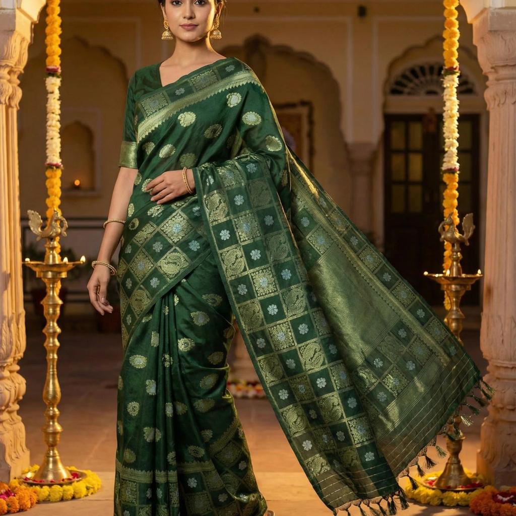 MIMOSA Women's Woven Design Banarasi Style Chiffon Saree with Blouse Piece - Green ( SA00003124GRNFREE )