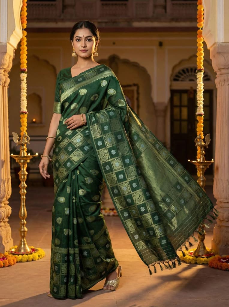 MIMOSA Women's Woven Design Banarasi Style Chiffon Saree with Blouse Piece - Green ( SA00003124GRNFREE ) — Default Title