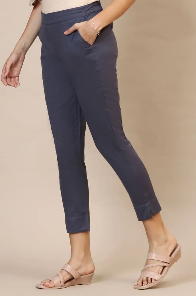 Grey Solid Slim Fit Cotton Trousers With Elasticated Waist — photo 2
