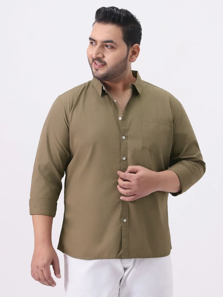 Plus Men's Olive Cotton Full Sleeve Regular Fit Casual Solid Shirt — 2XL / Olive
