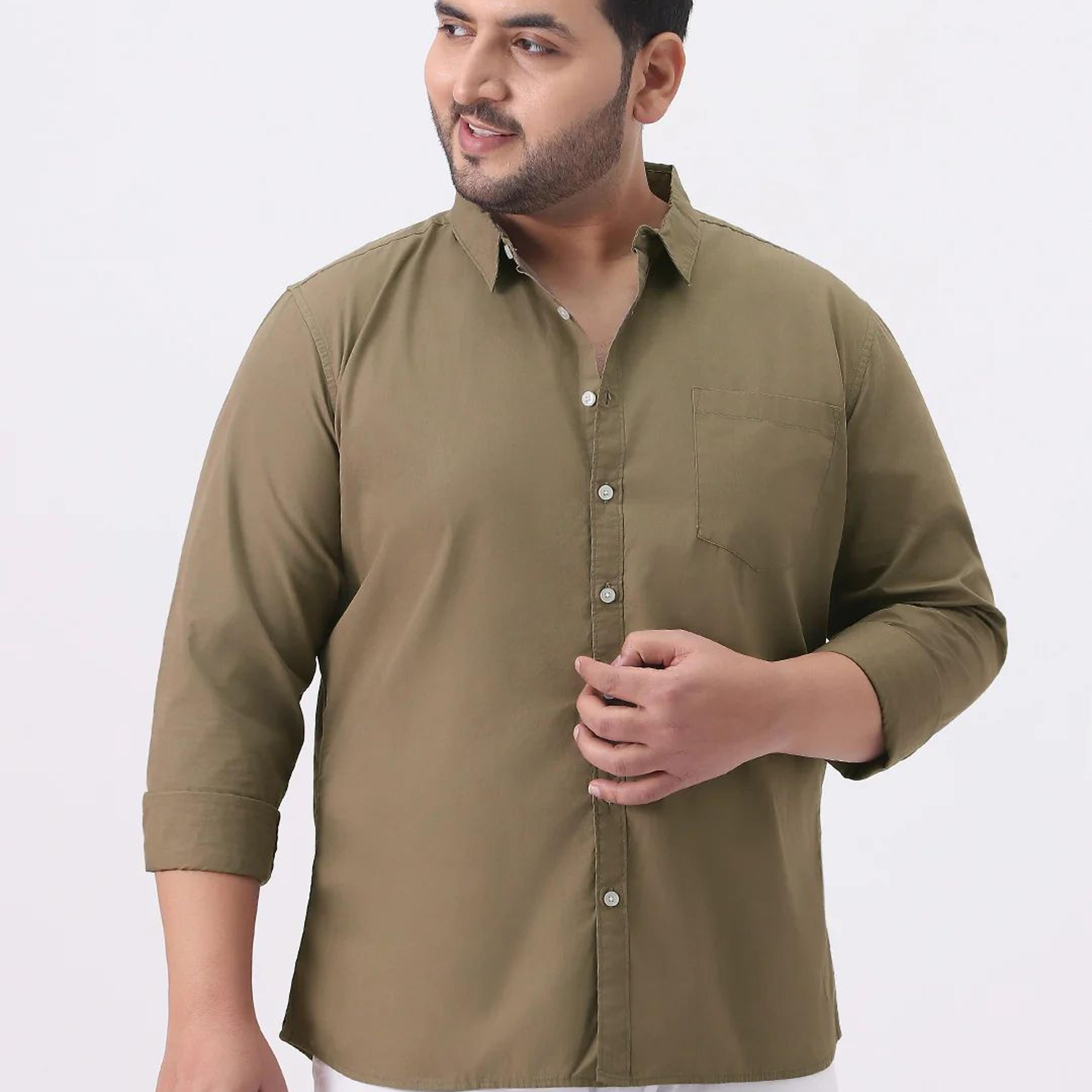 Plus Men's Olive Cotton Full Sleeve Regular Fit Casual Solid Shirt