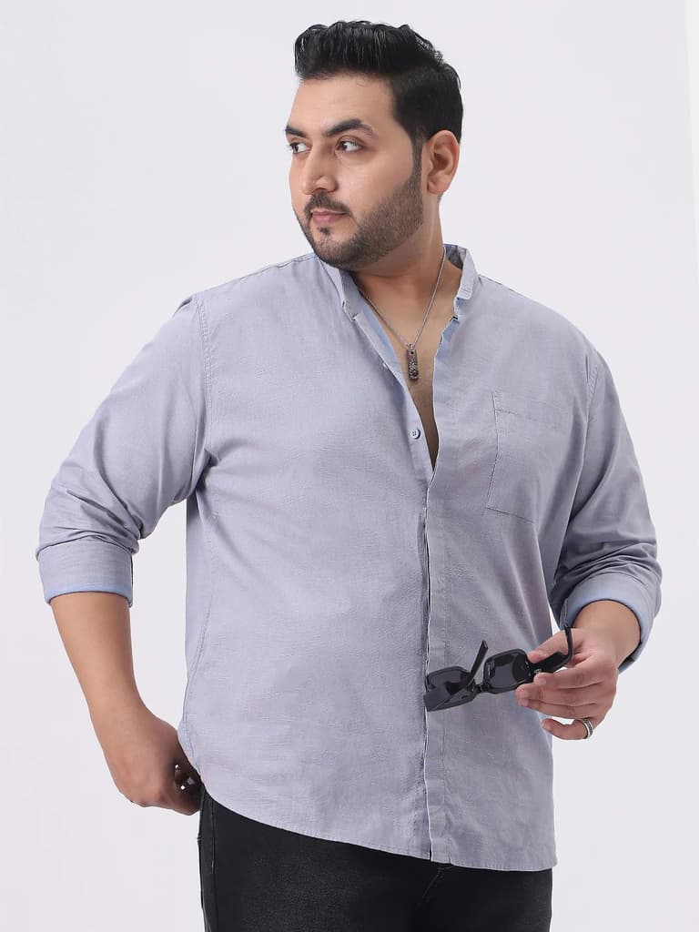 Plus Men's Lavender Cotton Full Sleeve Regular Fit Casual Solid Shirt with Band Collar — XXL / Lavender