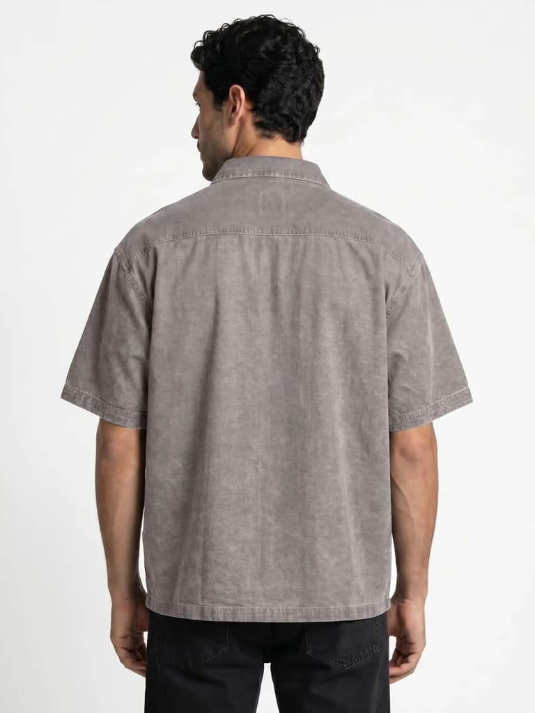 Men's Ice Grey Oversized Fit Half Sleeve Solid Casual Denim Shirt — photo 3