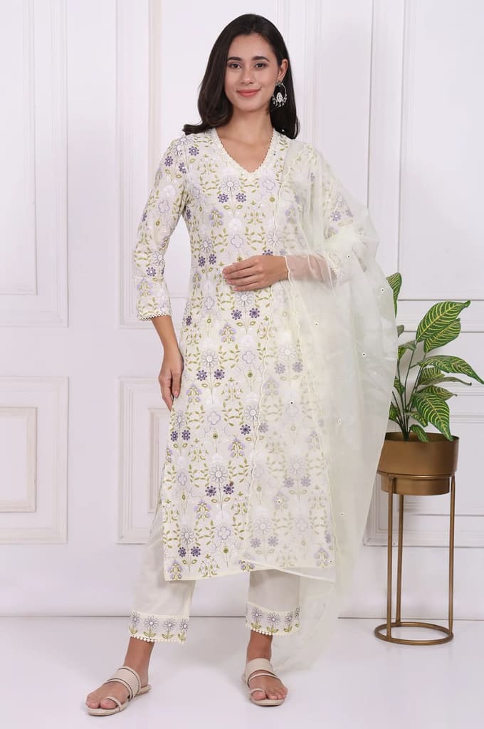 White Floral Printed Embroidered Pure Cotton Straight Kurta, Pants and Dupatta Set — photo 2