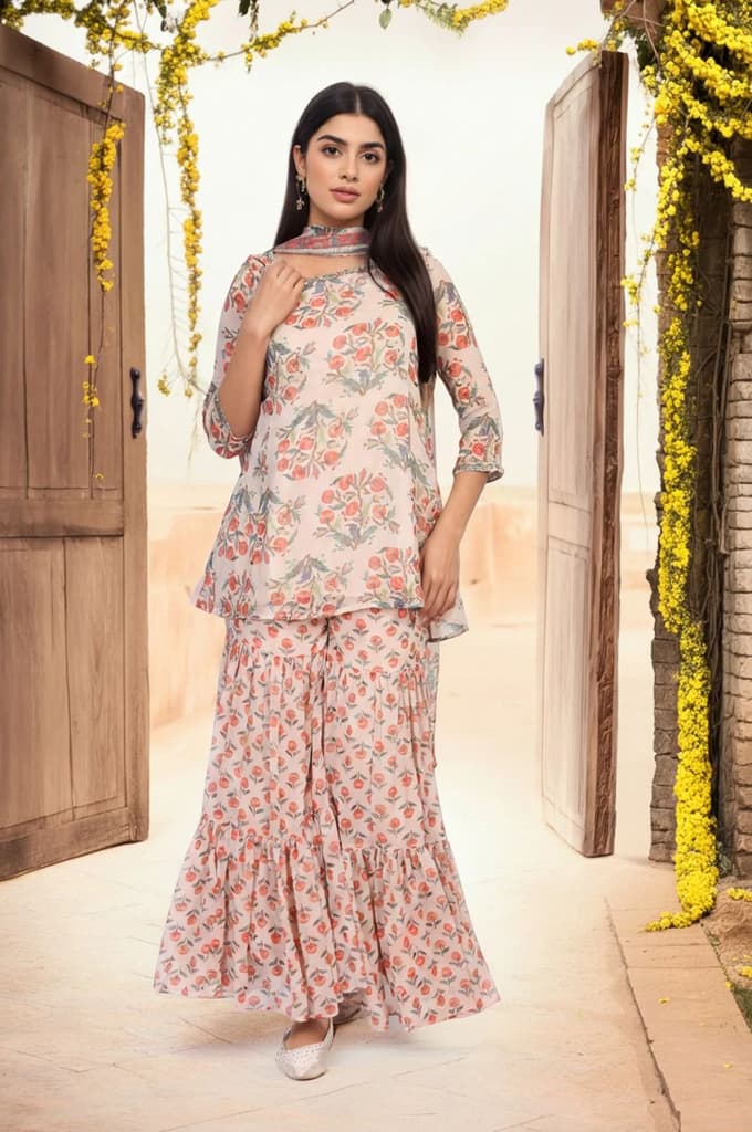 Beige Floral Embellished Peplum Chiffon Kurta with Sharara and Dupatta Set — photo 2