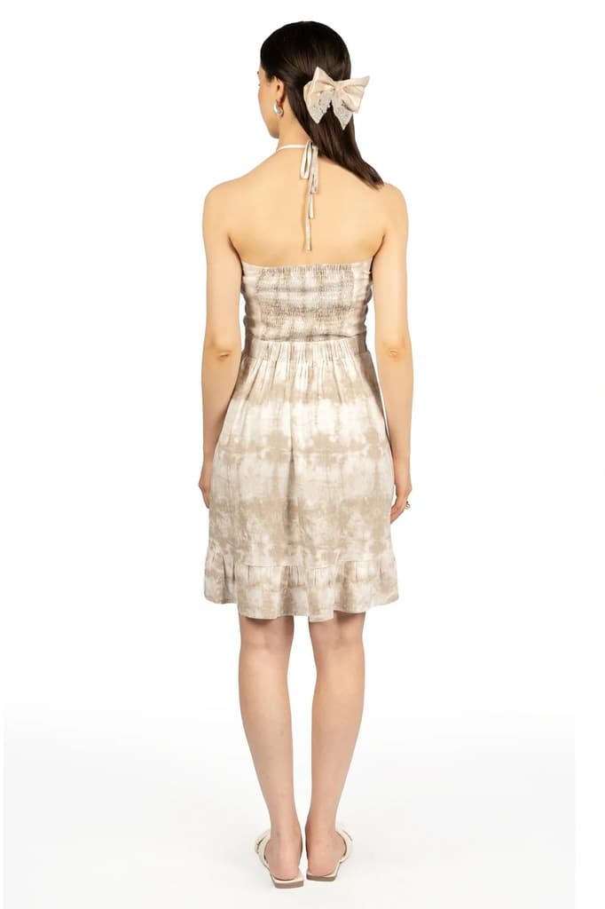 Off White & Brown Tie & Dye Fit & Flare Halter Dress — photo 3