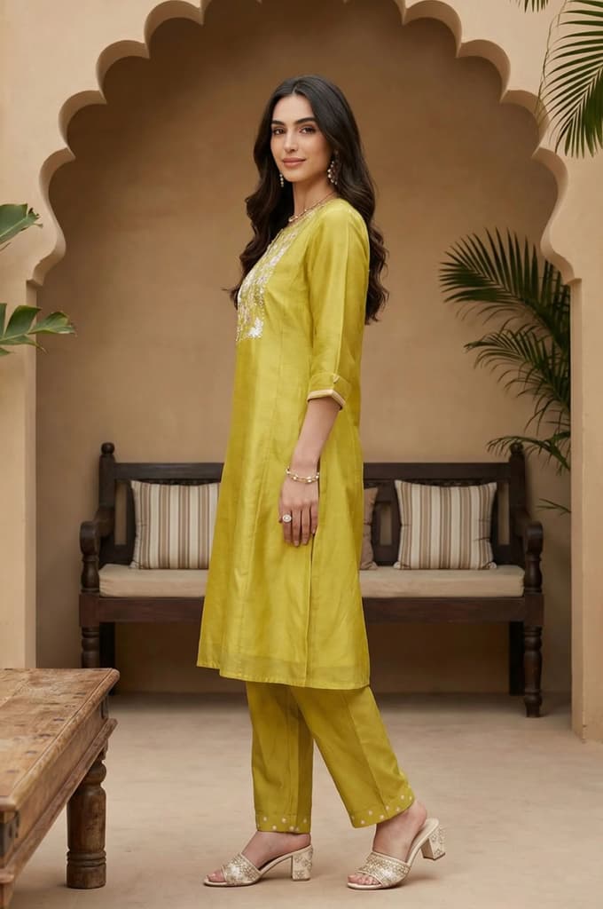 Yellow Thread Embroidery Chanderi Straight Kurta with Pants and Dupatta Set — photo 4