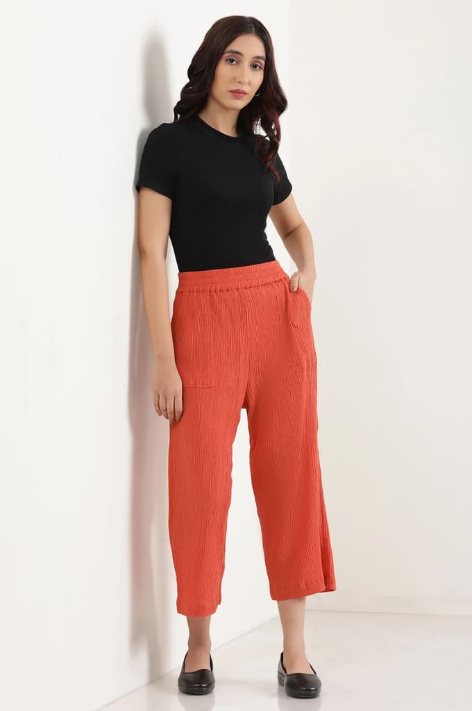 Rust Solid Wide Leg Rayon Culottes With Elasticated Waist