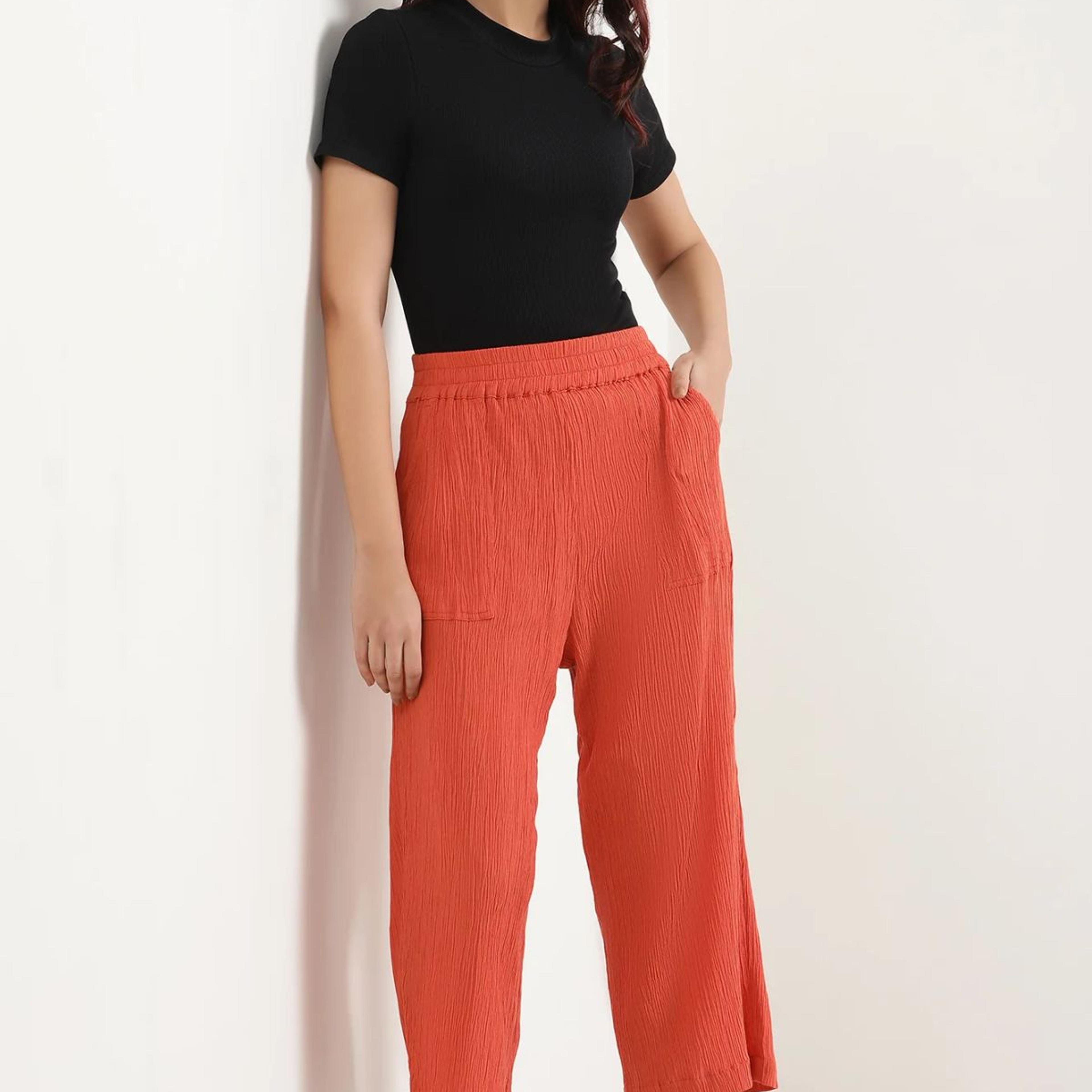 Rust Solid Wide Leg Rayon Culottes With Elasticated Waist