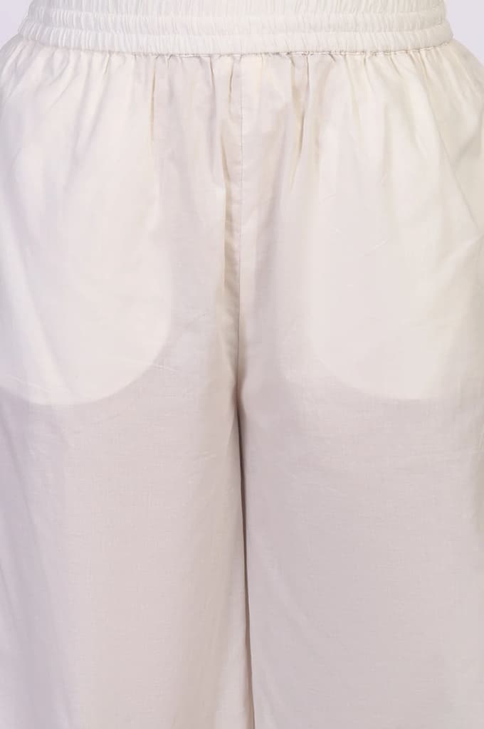 Off-White Embroidered Lace Trim Straight Cotton Kurta with Flared Pant and Dupatta Set — photo 7
