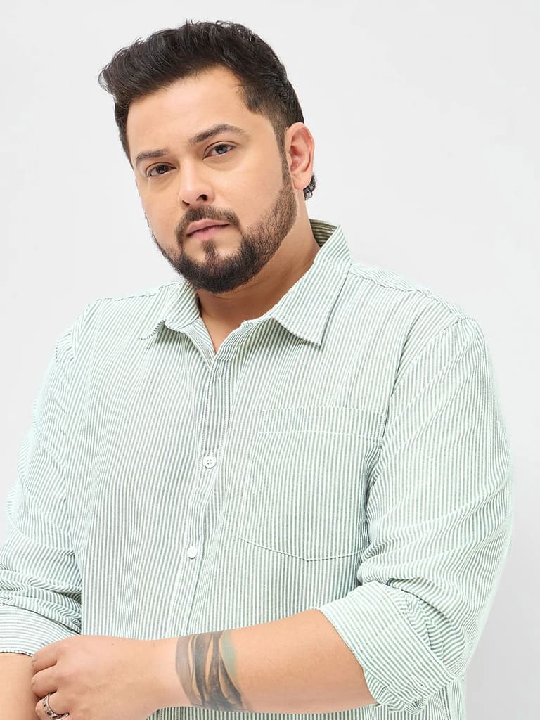 Plus Men's Light Green Cotton Full Sleeve Regular Fit Casual Striped Shirt — photo 6